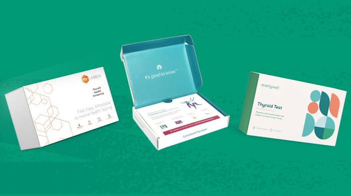 A green background with the myLAB Box thyroid at home test, the LetsGetChecked thyroid at home test and the Everlywell thyroid at home test